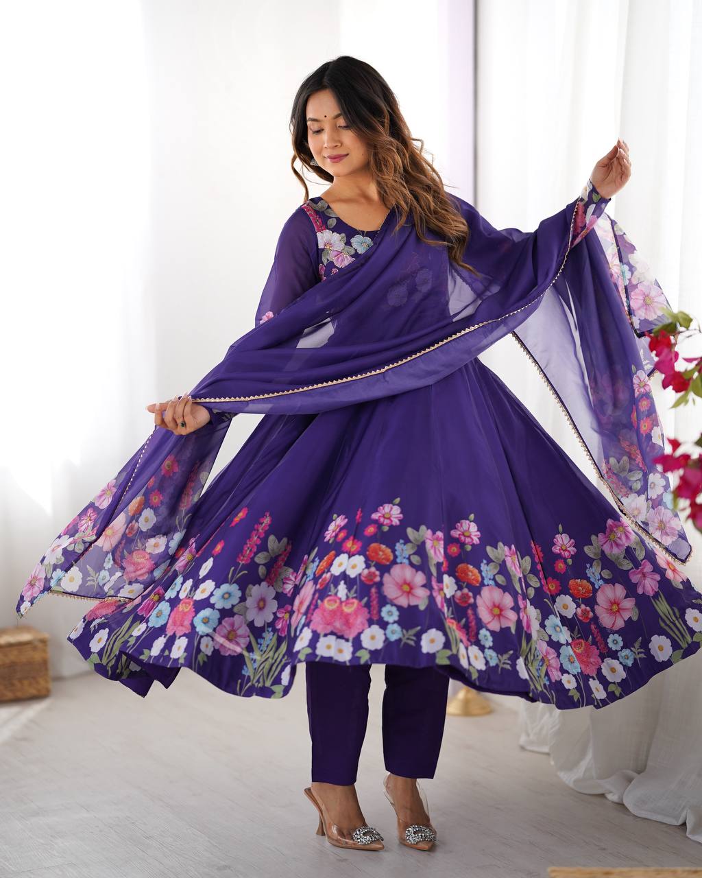 Purple Floral Anarkali Suit with Dupatta AllTreandy