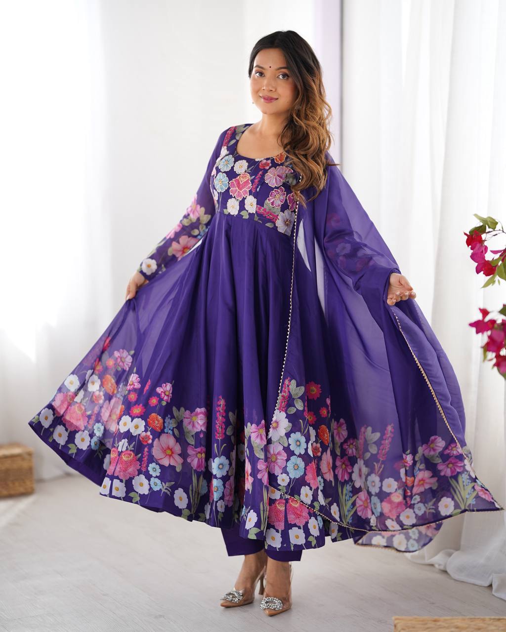 Purple Floral Anarkali Suit with Dupatta AllTreandy