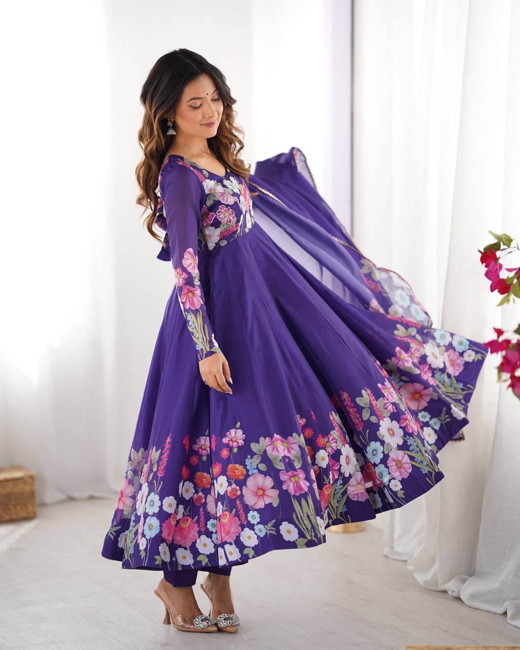 Purple Floral Anarkali Suit with Dupatta AllTreandy
