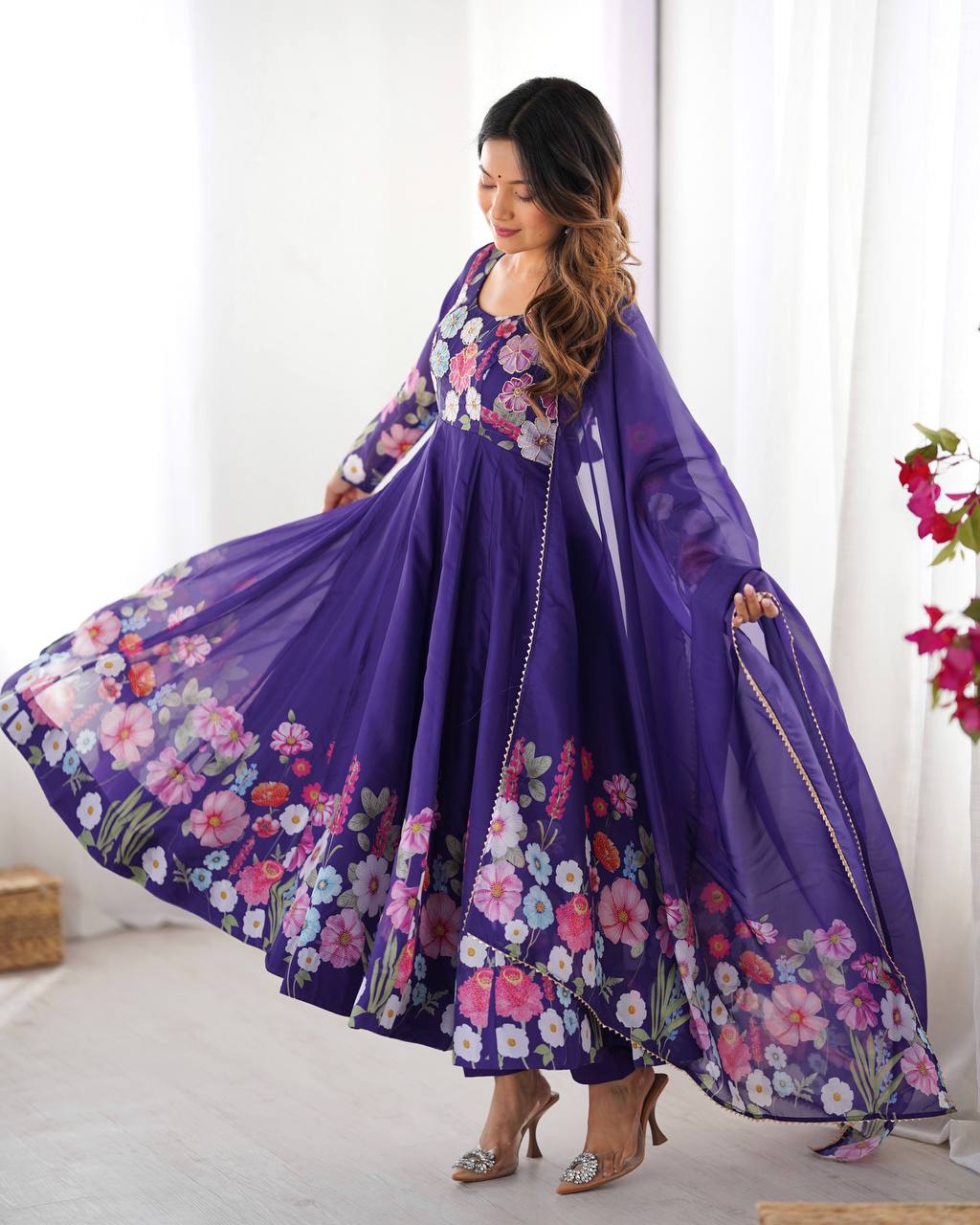 Purple Floral Anarkali Suit with Dupatta AllTreandy