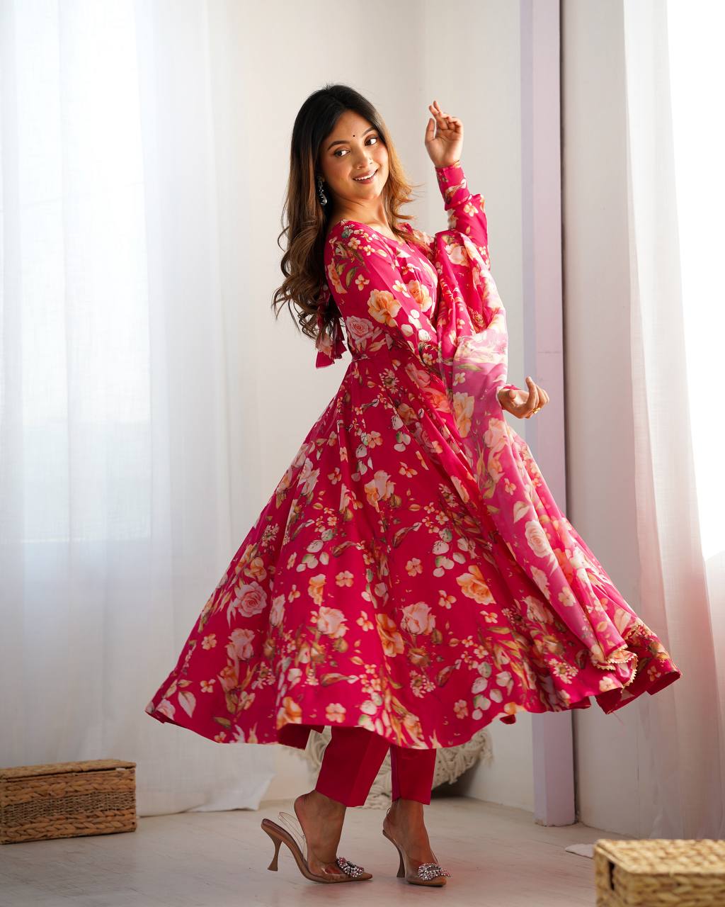 Pink Floral Anarkali Suit with Dupatta AllTreandy