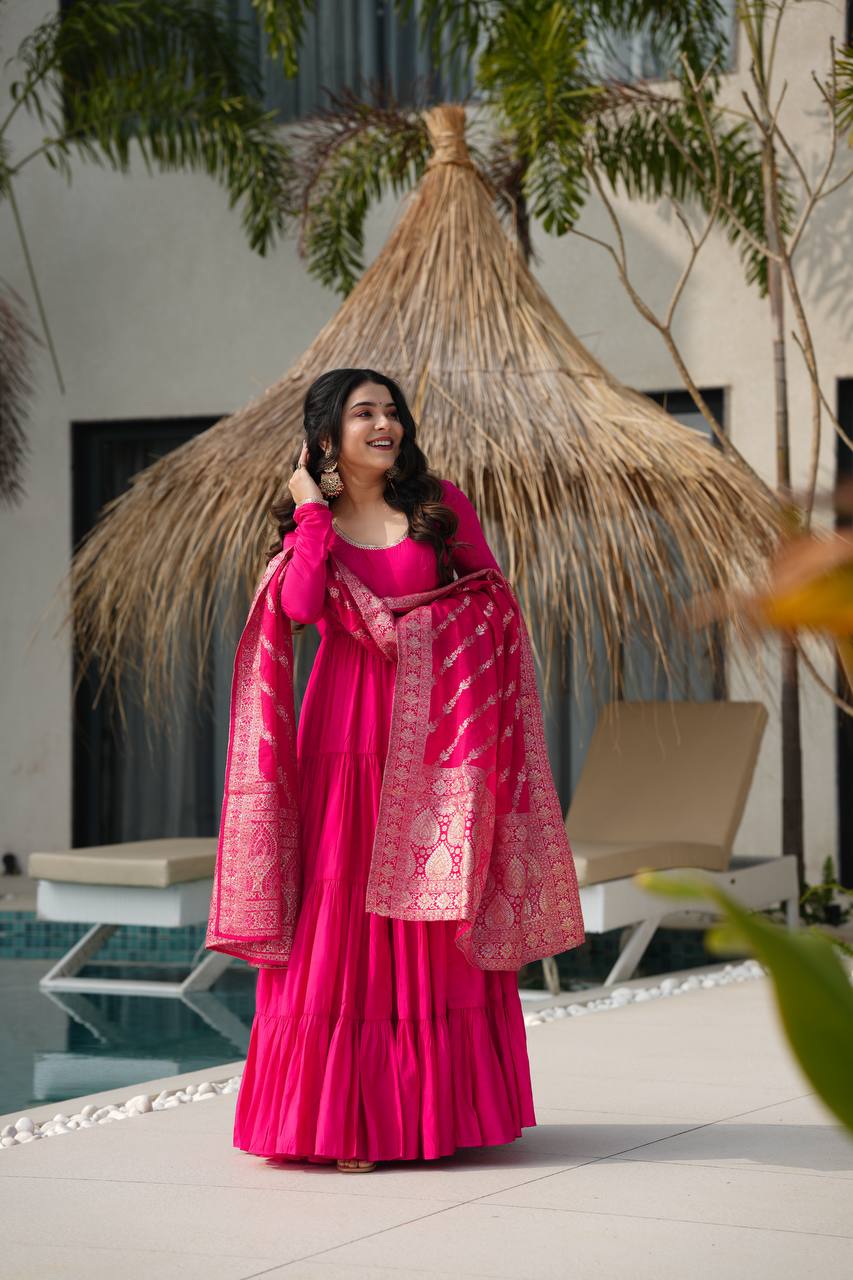 Hot Pink Tiered Anarkali with Banarasi Dupatta AllTreandy