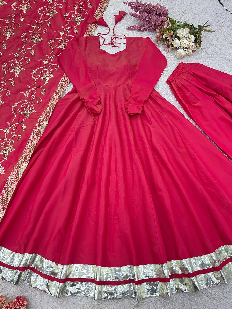 Rani Pink Silk Anarkali Suit with Zari Border & Embroidered Dupatta AllTreandy