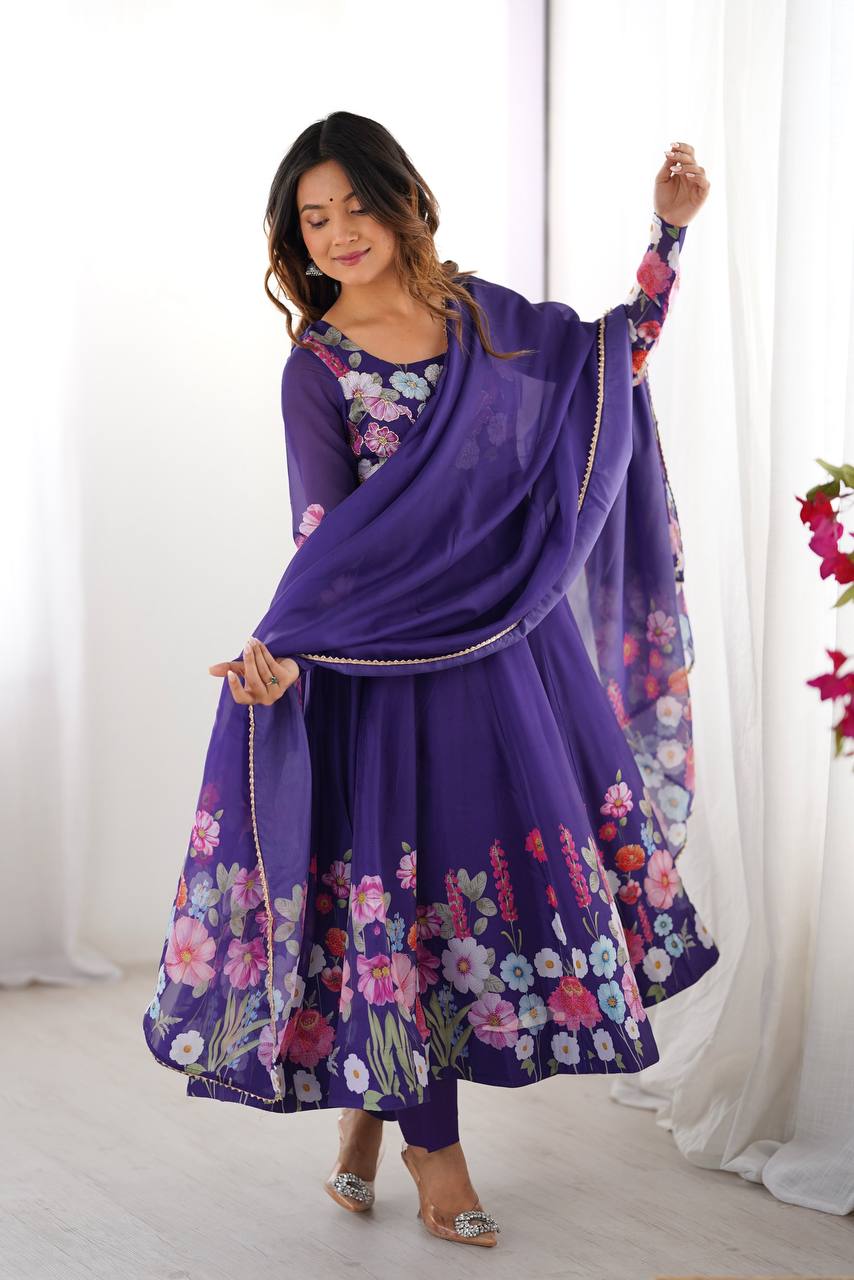 Purple Floral Anarkali Suit with Dupatta AllTreandy