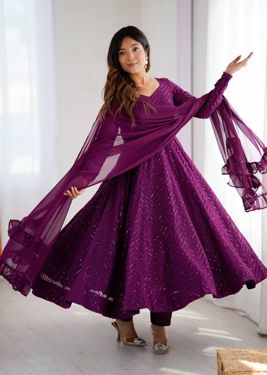 Plum Sequin Georgette Anarkali Suit with Dupatta – Festive & Party Wear AllTreandy