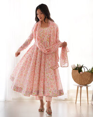Pastel Pink Floral Print Anarkali Suit Set with Dupatta AllTreandy