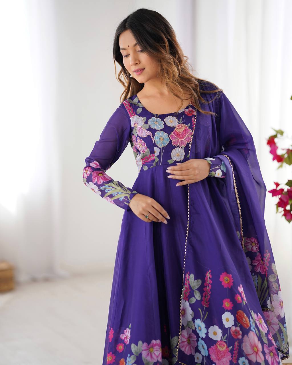 Purple Floral Anarkali Suit with Dupatta AllTreandy