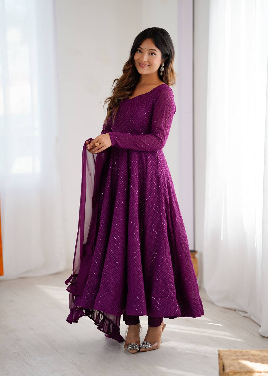 Plum Sequin Georgette Anarkali Suit with Dupatta – Festive & Party Wear AllTreandy