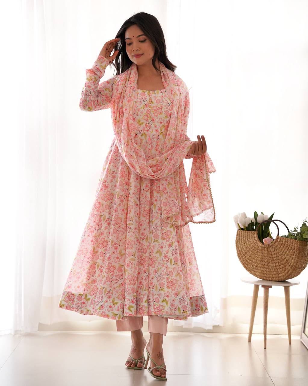 Pastel Pink Floral Print Anarkali Suit Set with Dupatta AllTreandy