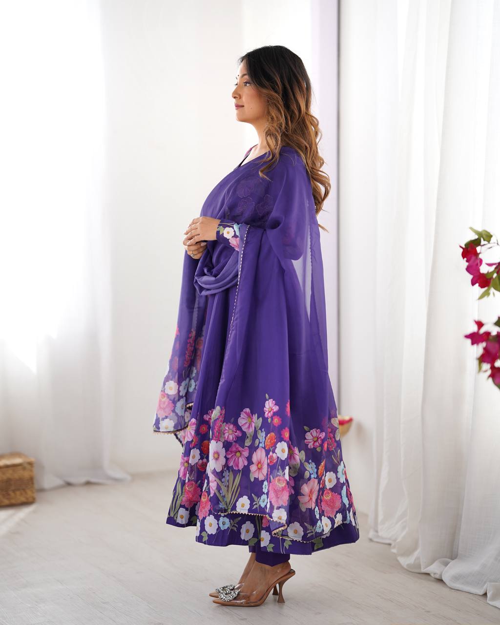 Purple Floral Anarkali Suit with Dupatta AllTreandy