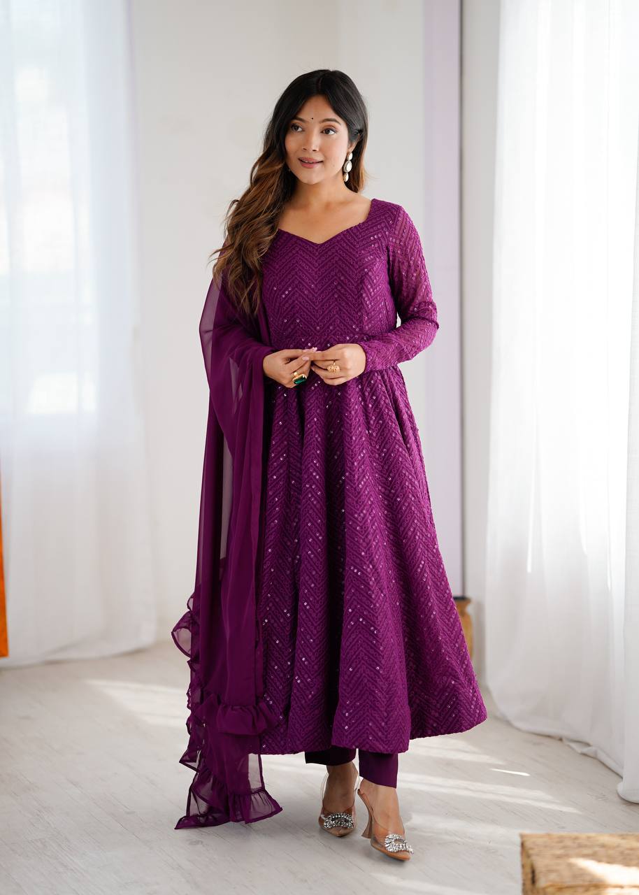 Plum Sequin Georgette Anarkali Suit with Dupatta – Festive & Party Wear AllTreandy