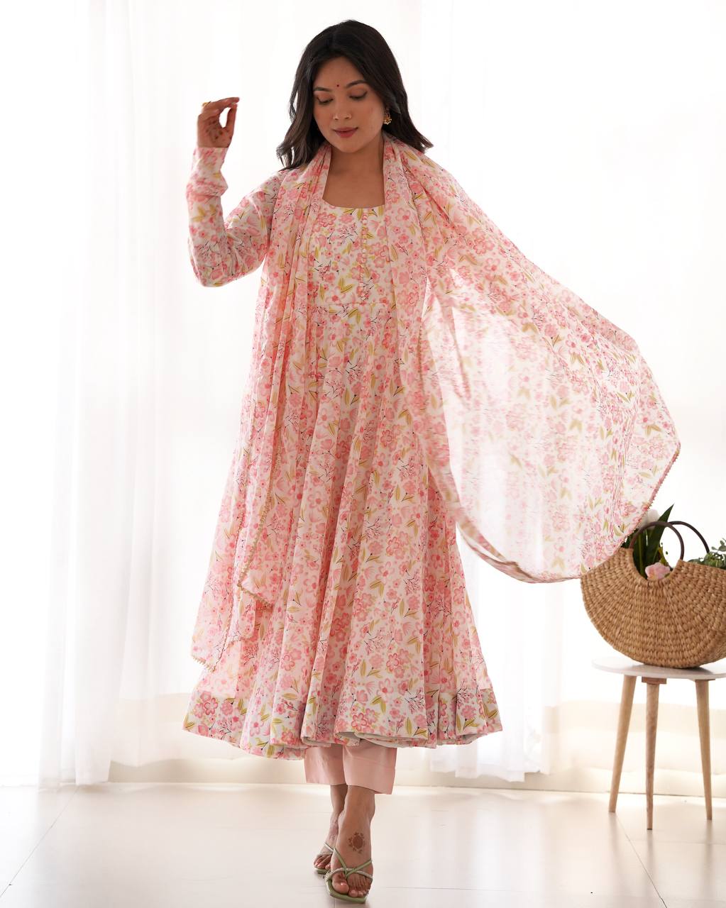 Pastel Pink Floral Print Anarkali Suit Set with Dupatta AllTreandy