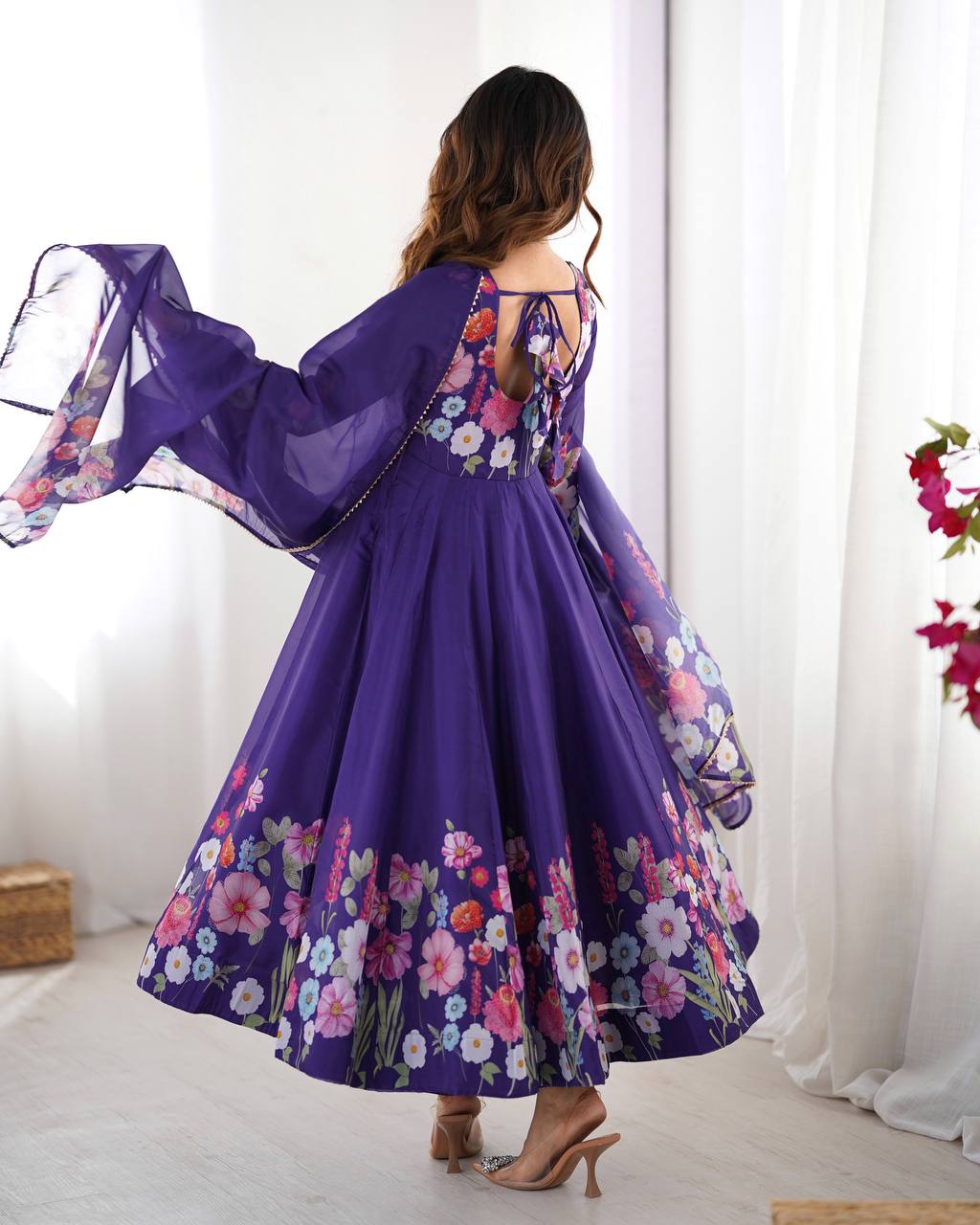 Purple Floral Anarkali Suit with Dupatta AllTreandy