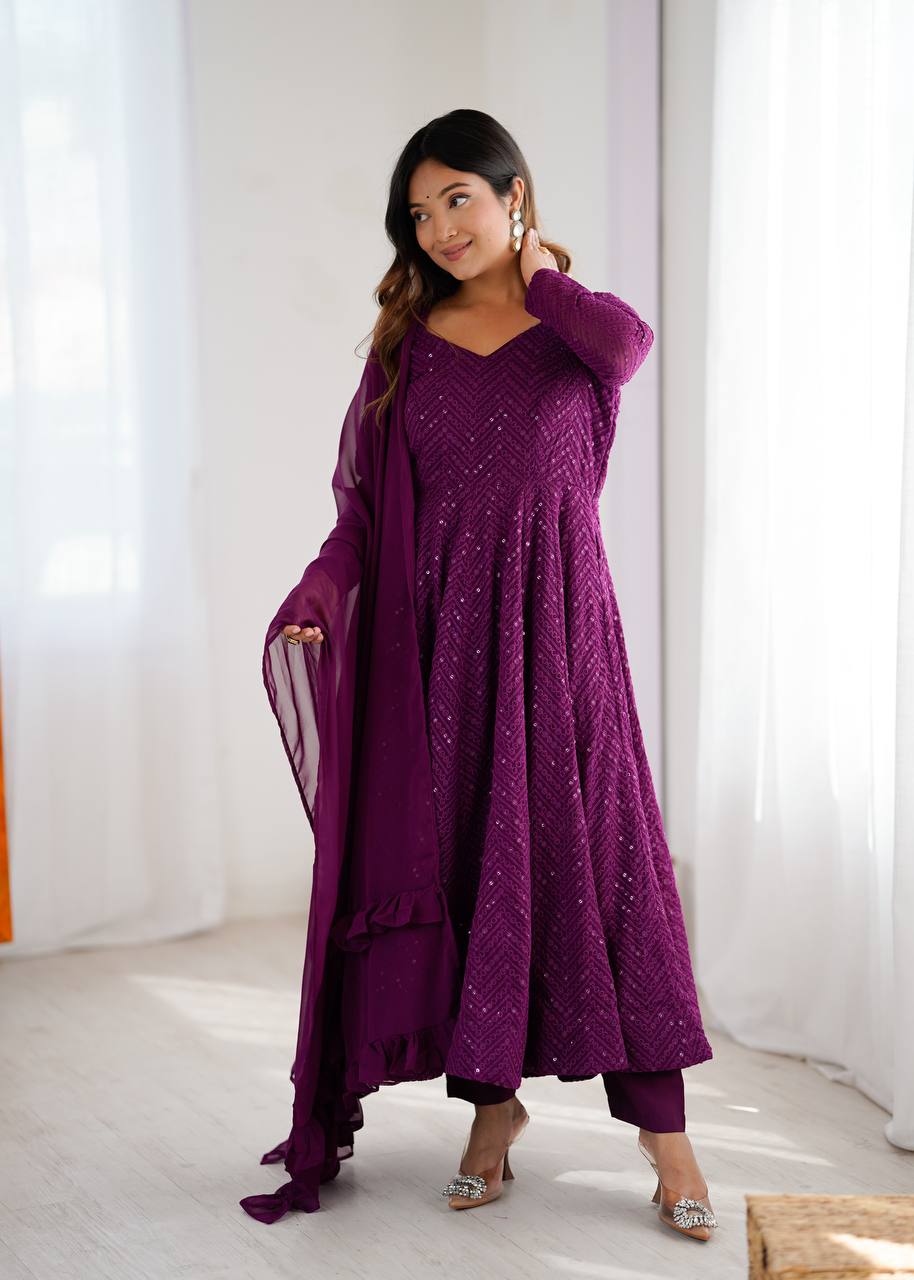 Plum Sequin Georgette Anarkali Suit with Dupatta – Festive & Party Wear AllTreandy