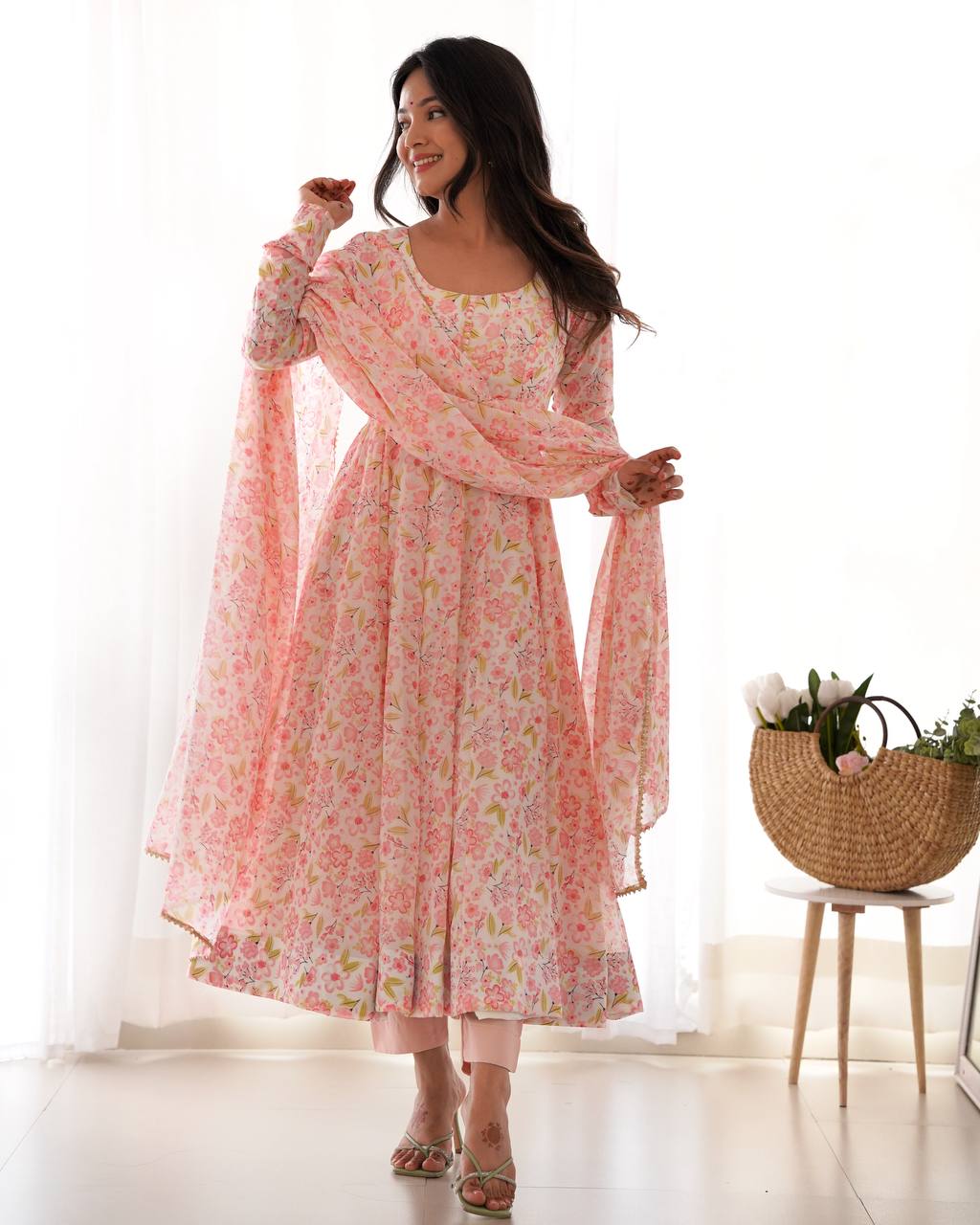 Pastel Pink Floral Print Anarkali Suit Set with Dupatta AllTreandy
