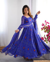 Blue Bandhej Style Printed Anarkali Suit with Dupatta AllTreandy