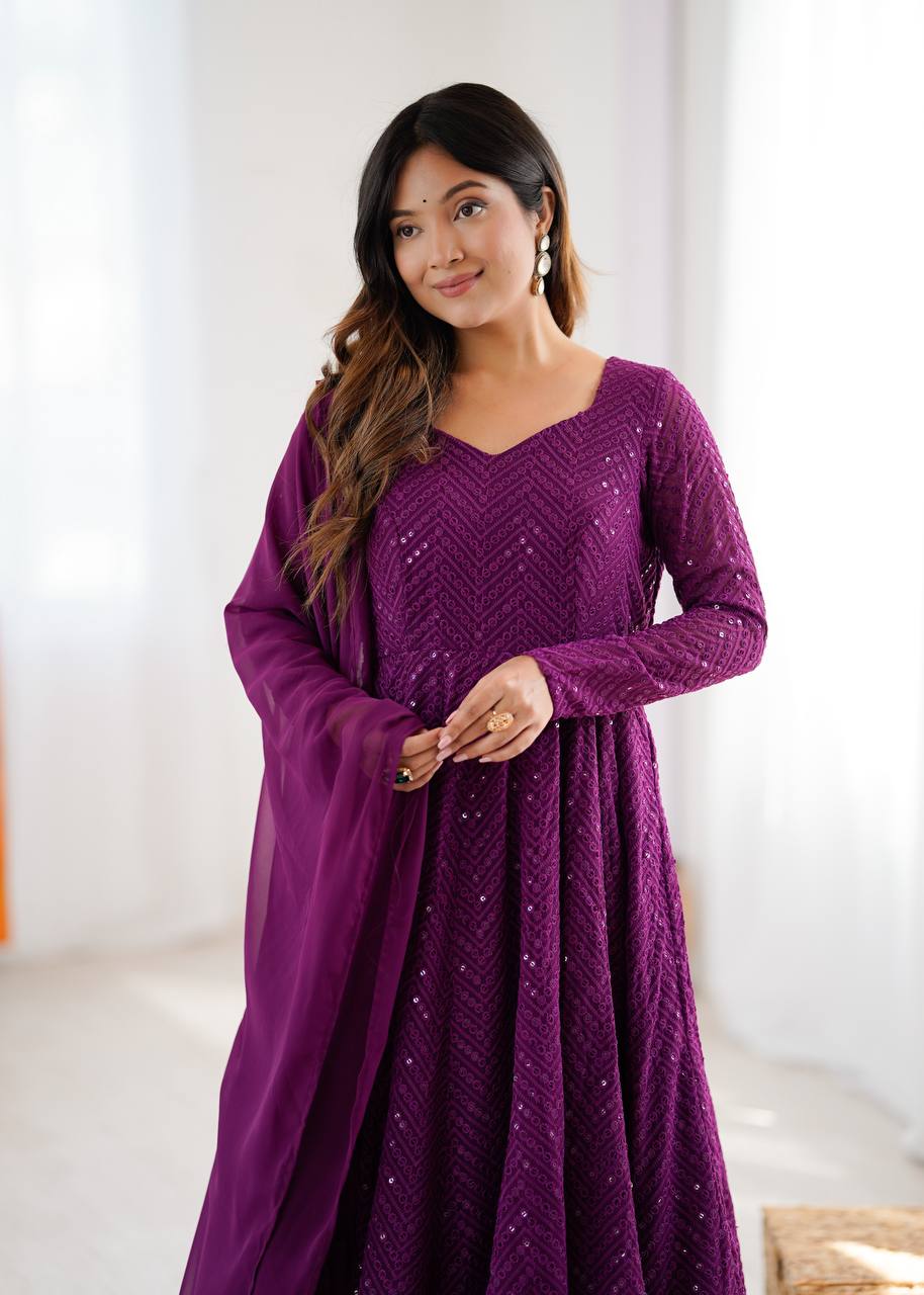 Plum Sequin Georgette Anarkali Suit with Dupatta – Festive & Party Wear AllTreandy
