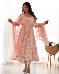 Pastel Pink Floral Print Anarkali Suit Set with Dupatta AllTreandy