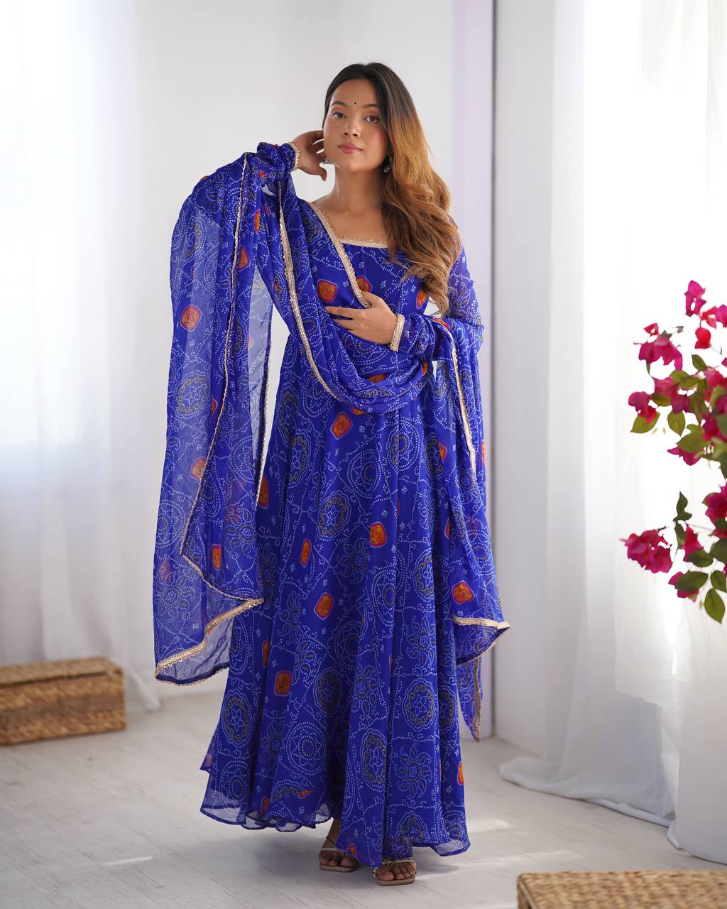 Blue Bandhej Style Printed Anarkali Suit with Dupatta AllTreandy