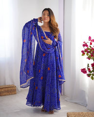 Blue Bandhej Style Printed Anarkali Suit with Dupatta AllTreandy