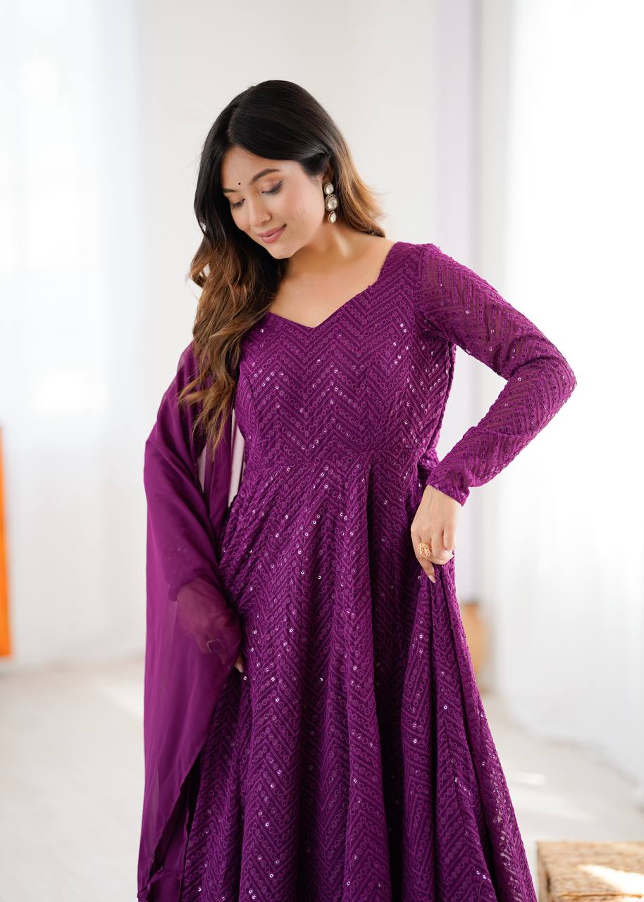 Plum Sequin Georgette Anarkali Suit with Dupatta – Festive & Party Wear AllTreandy