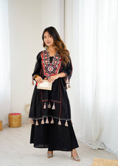 Black Tribal Mirror Work Kurta with Tassel Detailing & Palazzos AllTreandy