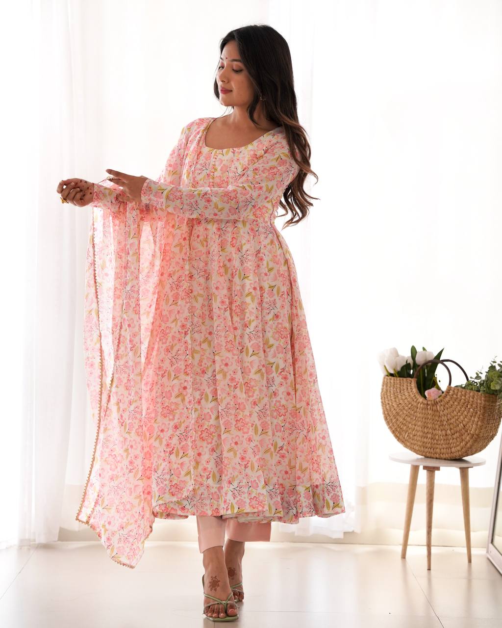 Pastel Pink Floral Print Anarkali Suit Set with Dupatta AllTreandy