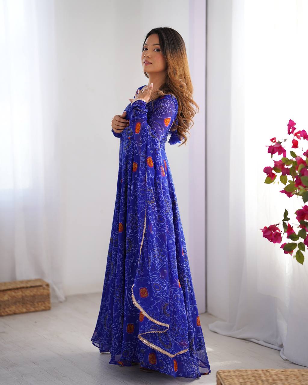 Blue Bandhej Style Printed Anarkali Suit with Dupatta AllTreandy