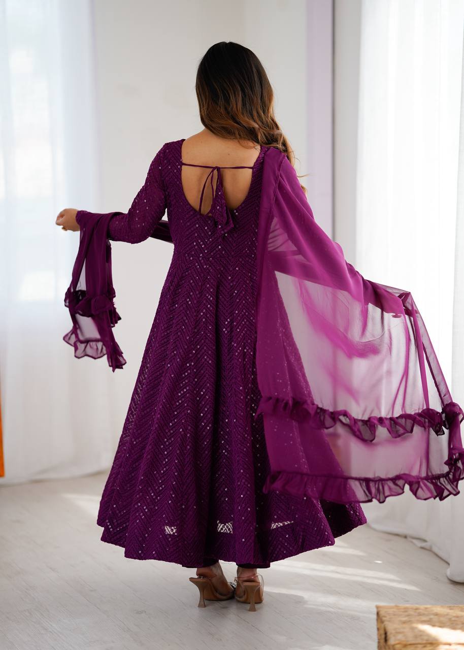 Plum Sequin Georgette Anarkali Suit with Dupatta – Festive & Party Wear AllTreandy