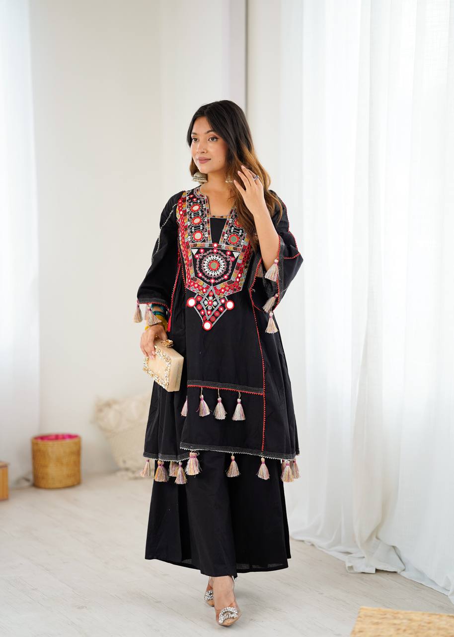 Black Tribal Mirror Work Kurta with Tassel Detailing & Palazzos AllTreandy