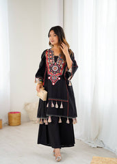 Black Tribal Mirror Work Kurta with Tassel Detailing & Palazzos AllTreandy