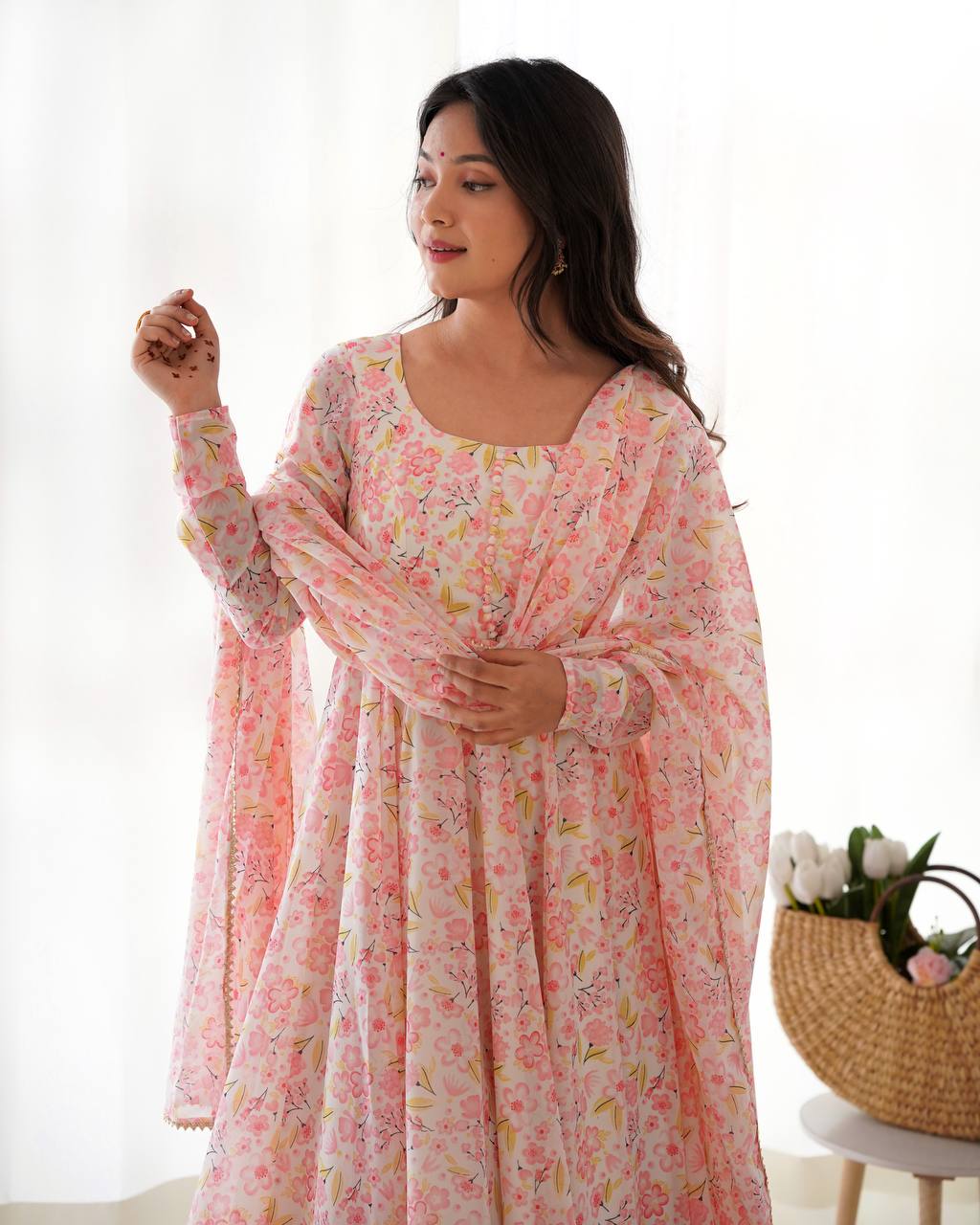 Pastel Pink Floral Print Anarkali Suit Set with Dupatta AllTreandy