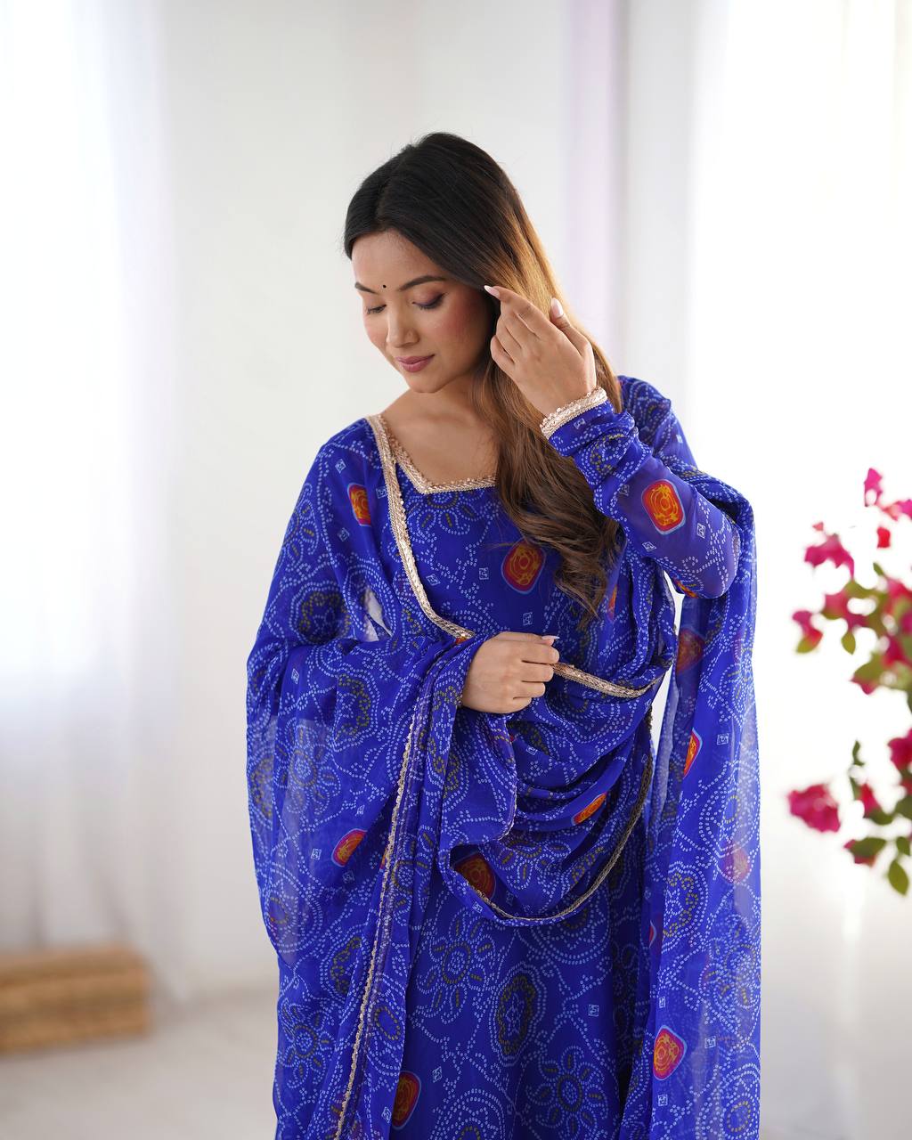 Blue Bandhej Style Printed Anarkali Suit with Dupatta AllTreandy