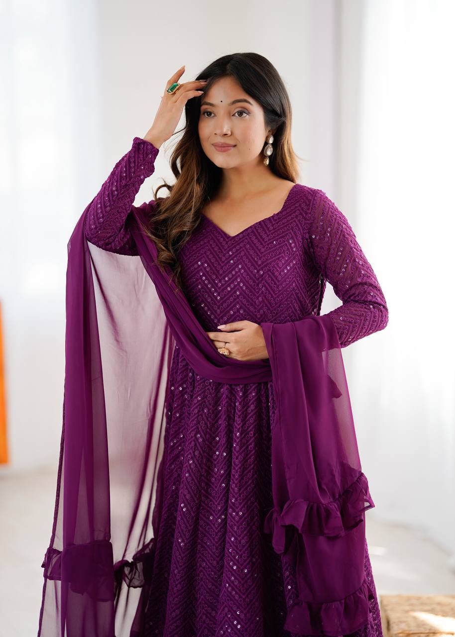 Plum Sequin Georgette Anarkali Suit with Dupatta – Festive & Party Wear AllTreandy