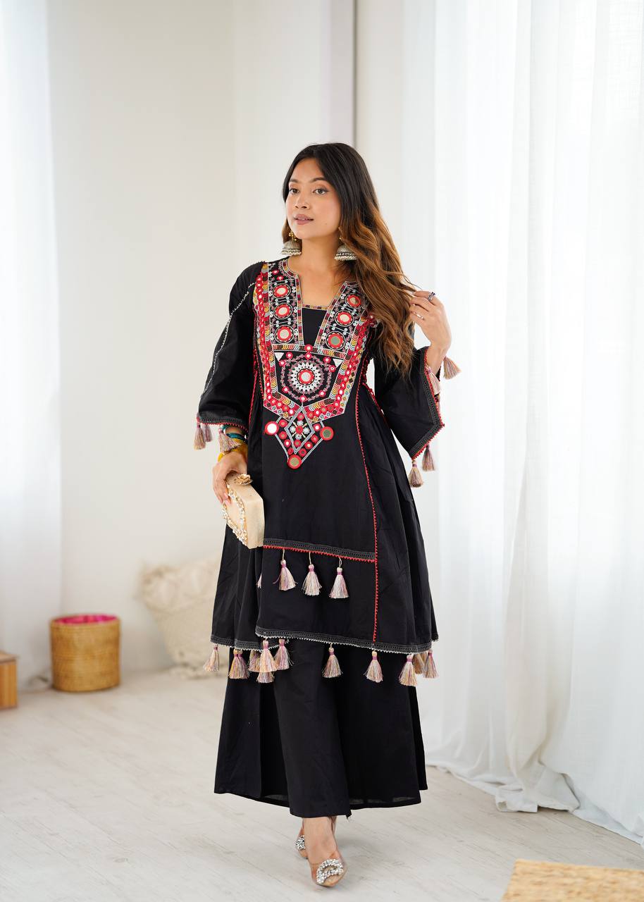 Black Tribal Mirror Work Kurta with Tassel Detailing & Palazzos AllTreandy