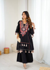 Black Tribal Mirror Work Kurta with Tassel Detailing & Palazzos AllTreandy