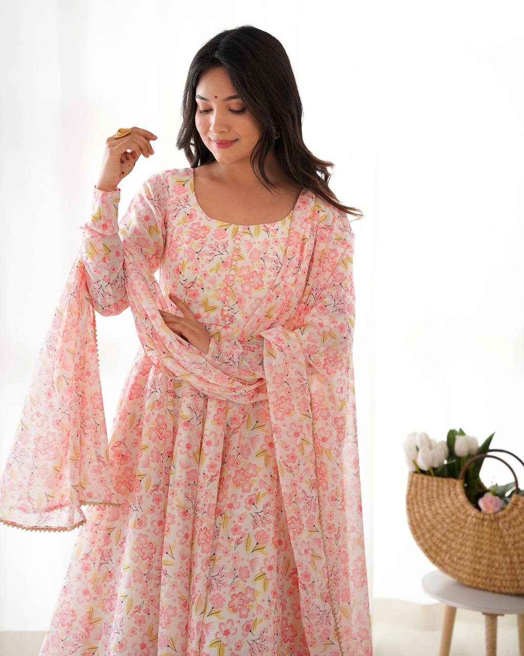 Pastel Pink Floral Print Anarkali Suit Set with Dupatta AllTreandy