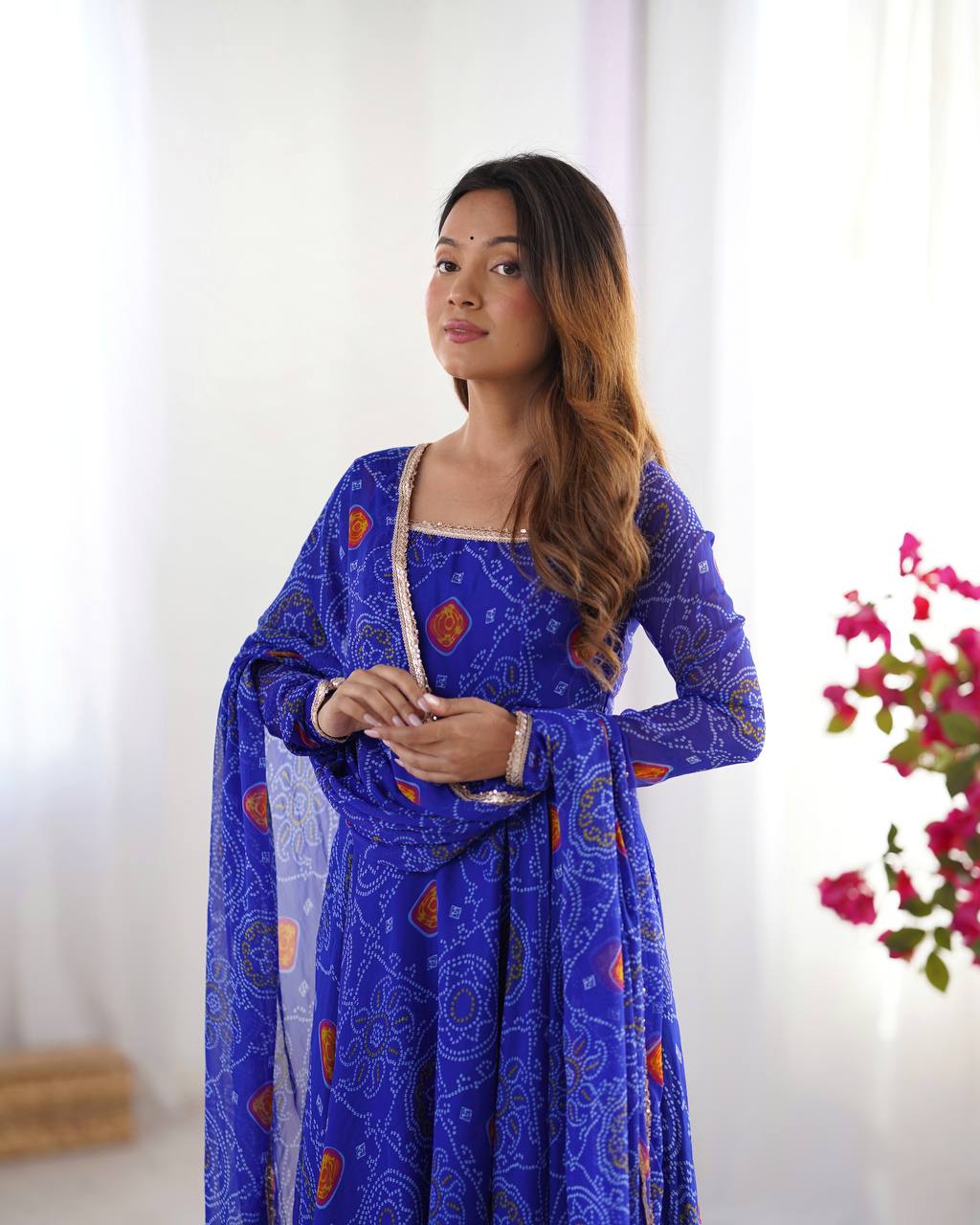 Blue Bandhej Style Printed Anarkali Suit with Dupatta AllTreandy