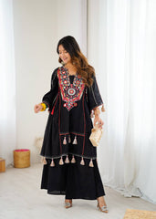 Black Tribal Mirror Work Kurta with Tassel Detailing & Palazzos AllTreandy