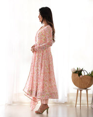 Pastel Pink Floral Print Anarkali Suit Set with Dupatta AllTreandy