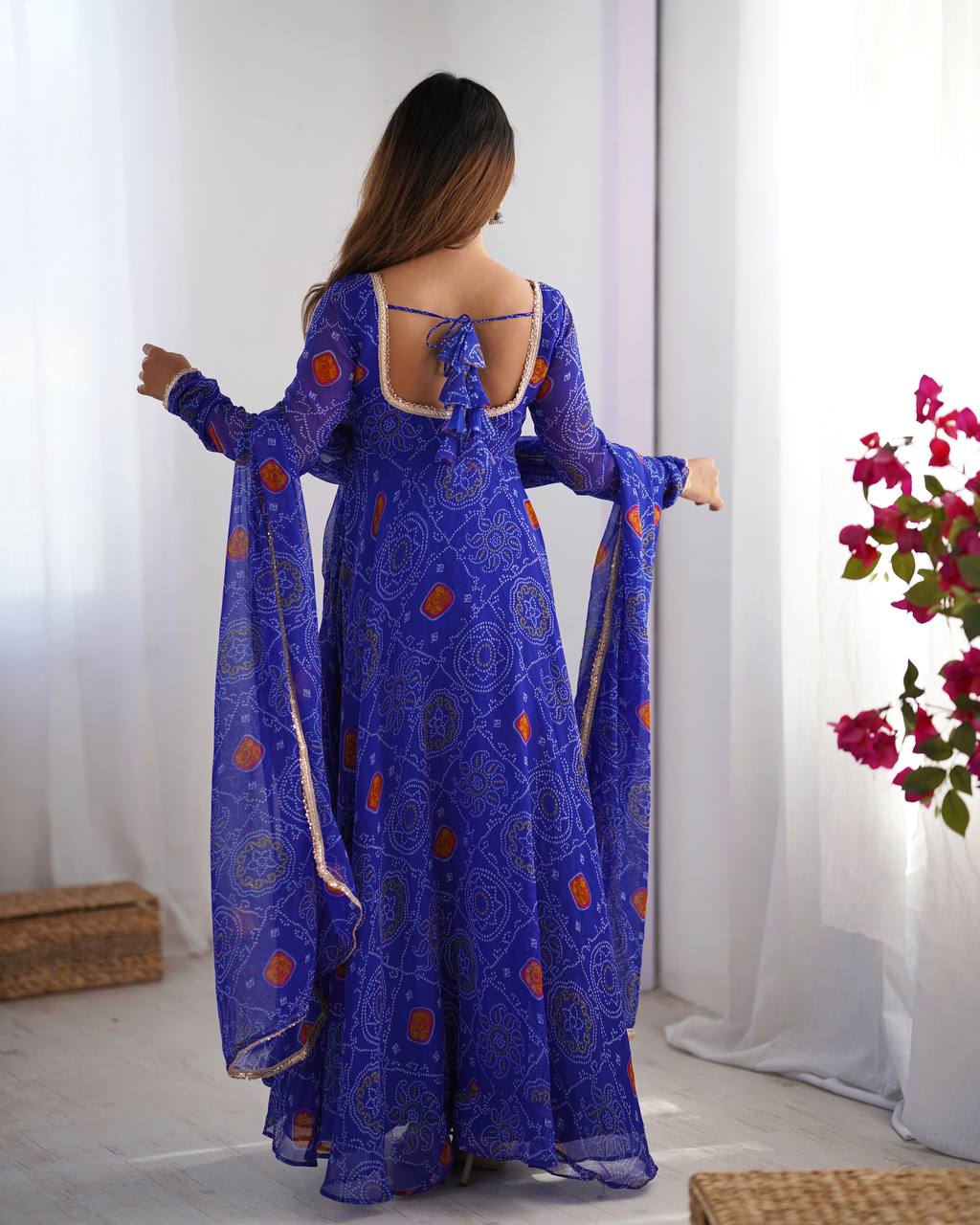 Blue Bandhej Style Printed Anarkali Suit with Dupatta AllTreandy
