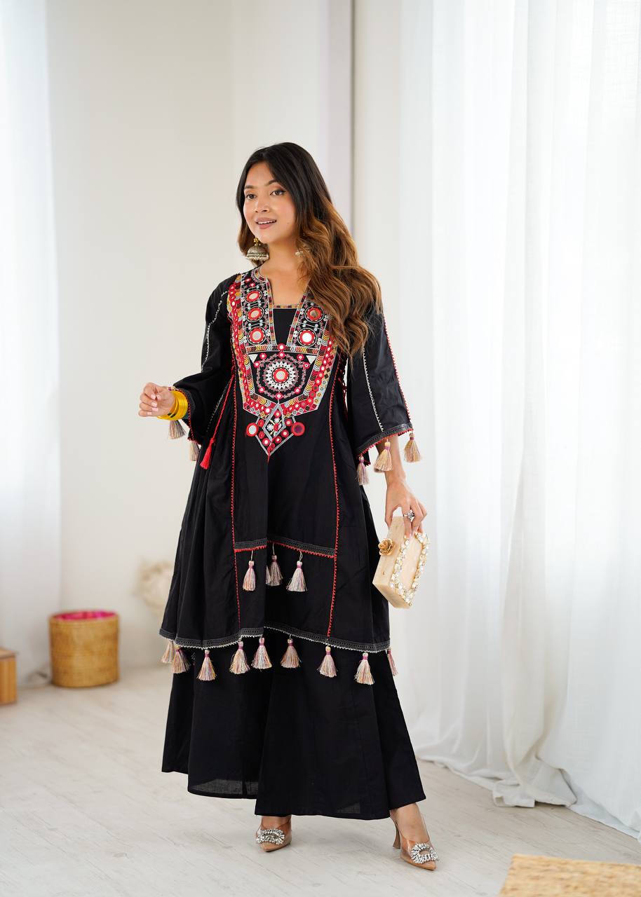 Black Tribal Mirror Work Kurta with Tassel Detailing & Palazzos AllTreandy