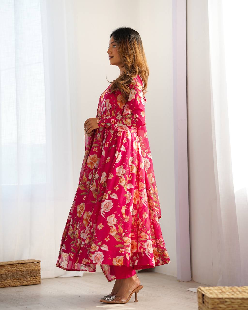 Pink Floral Anarkali Suit with Dupatta AllTreandy