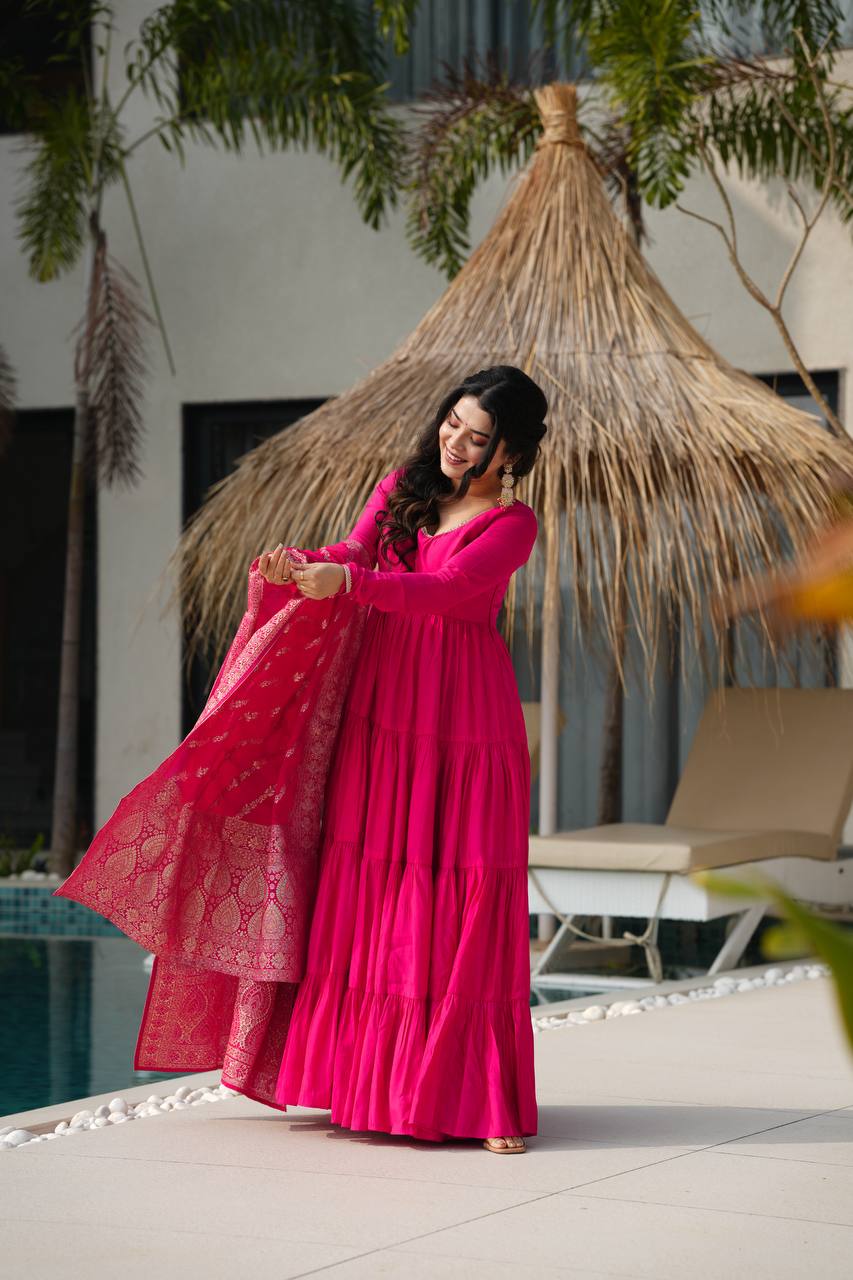 Hot Pink Tiered Anarkali with Banarasi Dupatta AllTreandy