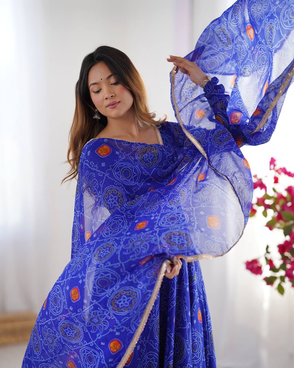 Blue Bandhej Style Printed Anarkali Suit with Dupatta AllTreandy
