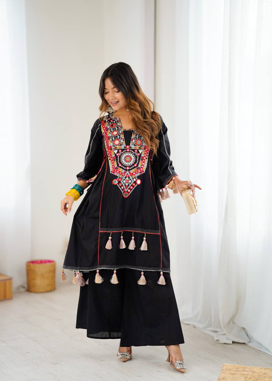 Black Tribal Mirror Work Kurta with Tassel Detailing & Palazzos AllTreandy