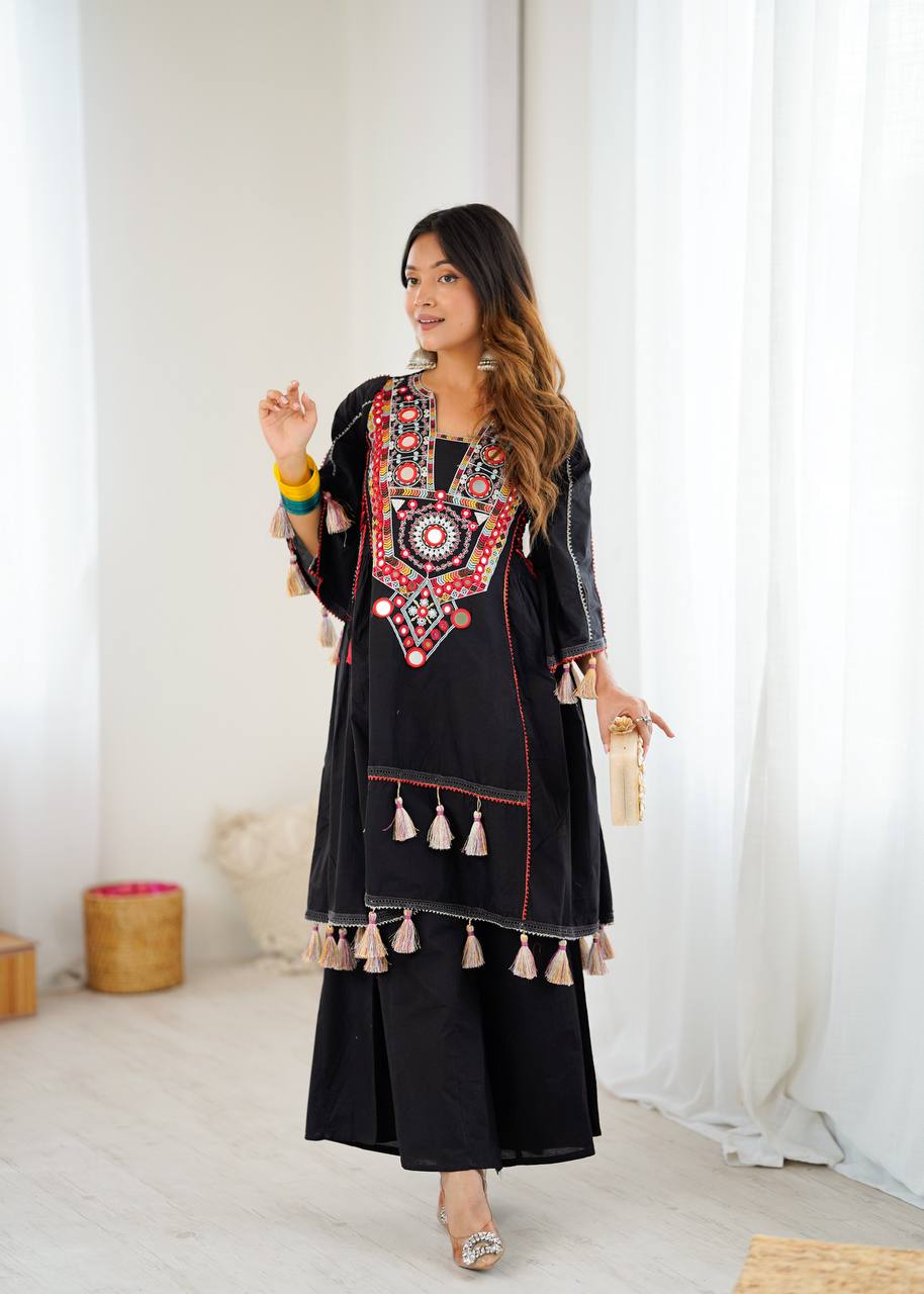 Black Tribal Mirror Work Kurta with Tassel Detailing & Palazzos AllTreandy