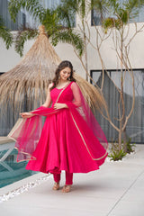 Hot Pink Georgette Anarkali with Golden Lace Dupatta AllTreandy