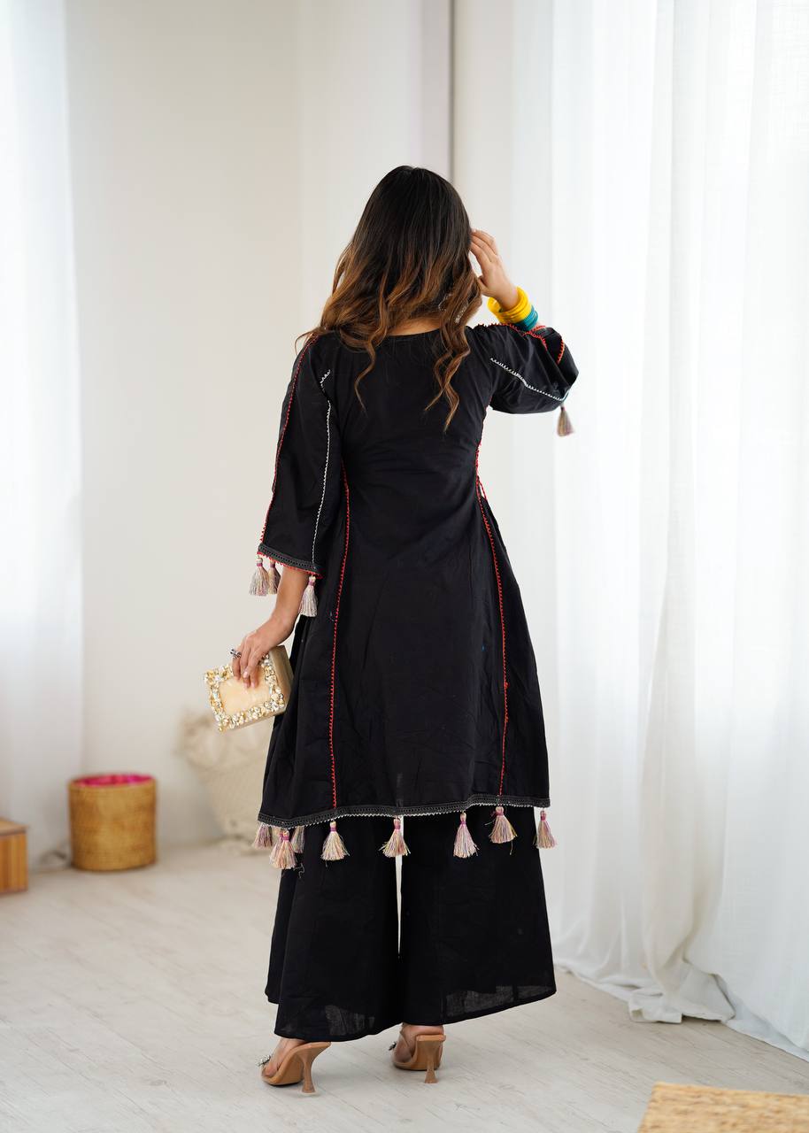 Black Tribal Mirror Work Kurta with Tassel Detailing & Palazzos AllTreandy