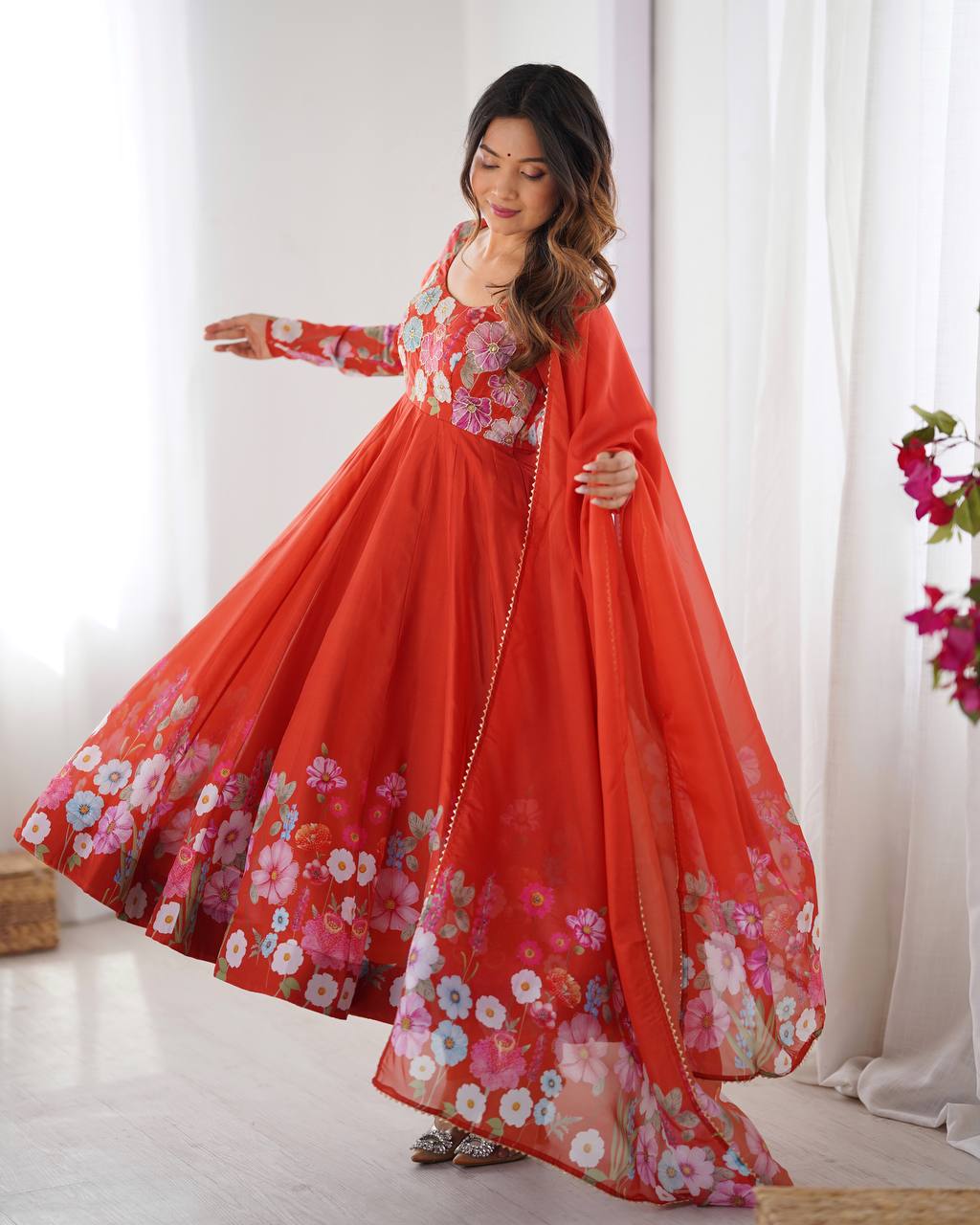 Orange Floral Printed Anarkali Suit with Dupatta AllTreandy